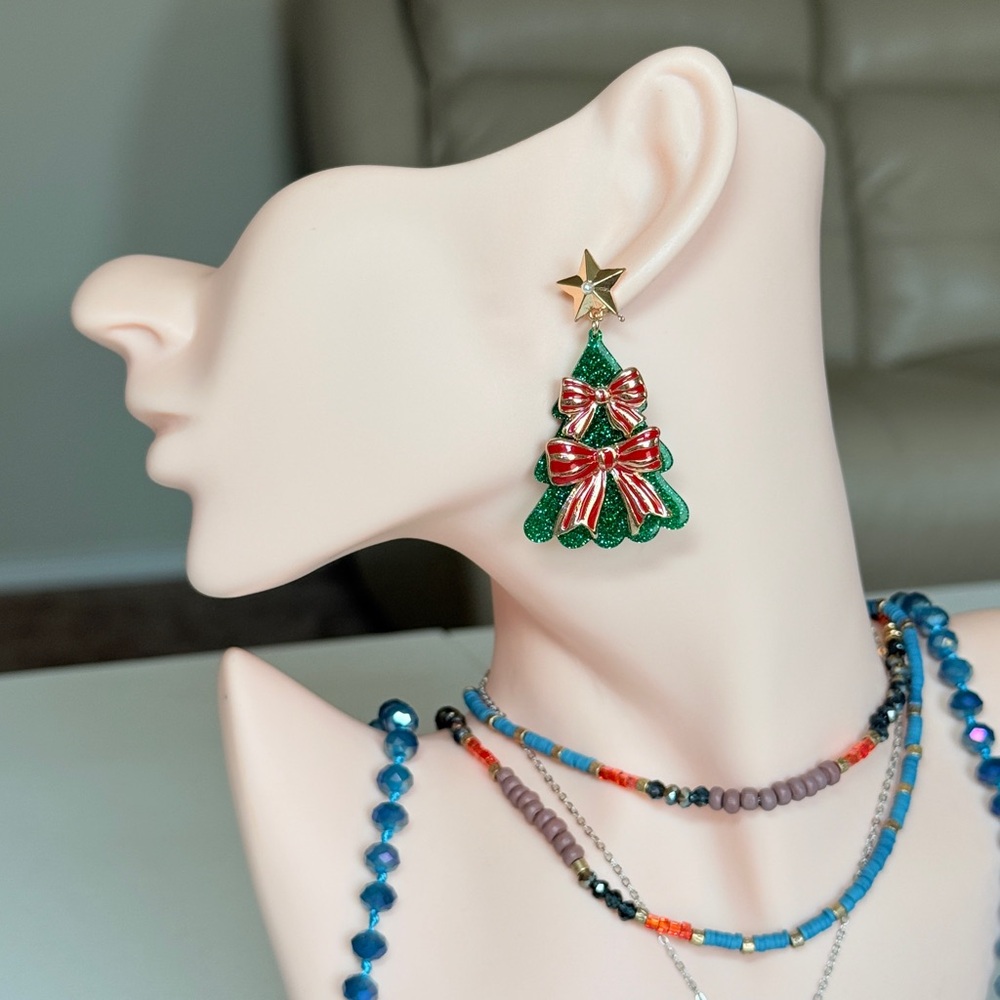 Green and Red Christmas Tree Drop Earrings - Holiday Statement Jewelry